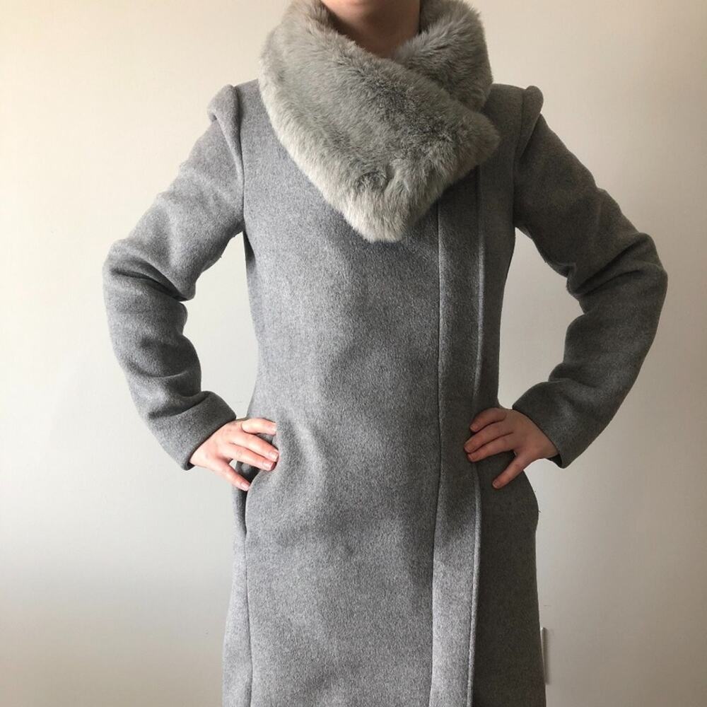Club Monaco Evangah Wool Coat Heather Grey Small‎ Vintage Faux Fur Slavic